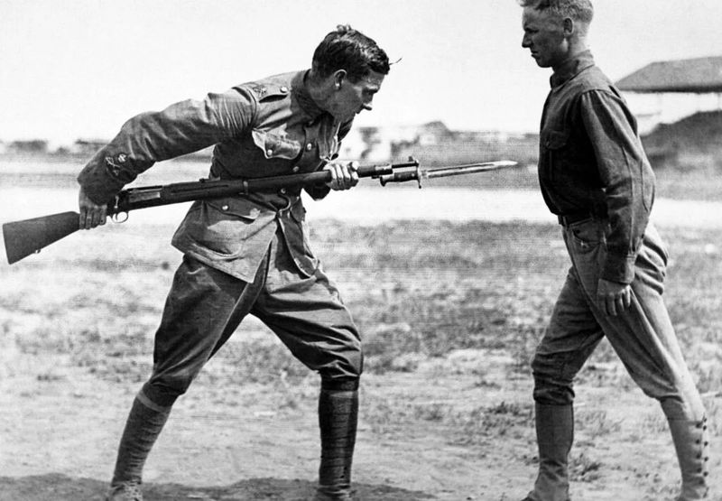 Training camp activities in 1917-1918. Bayonet fighting instruction by an English Sgt. Major, Camp Dick, Texas.