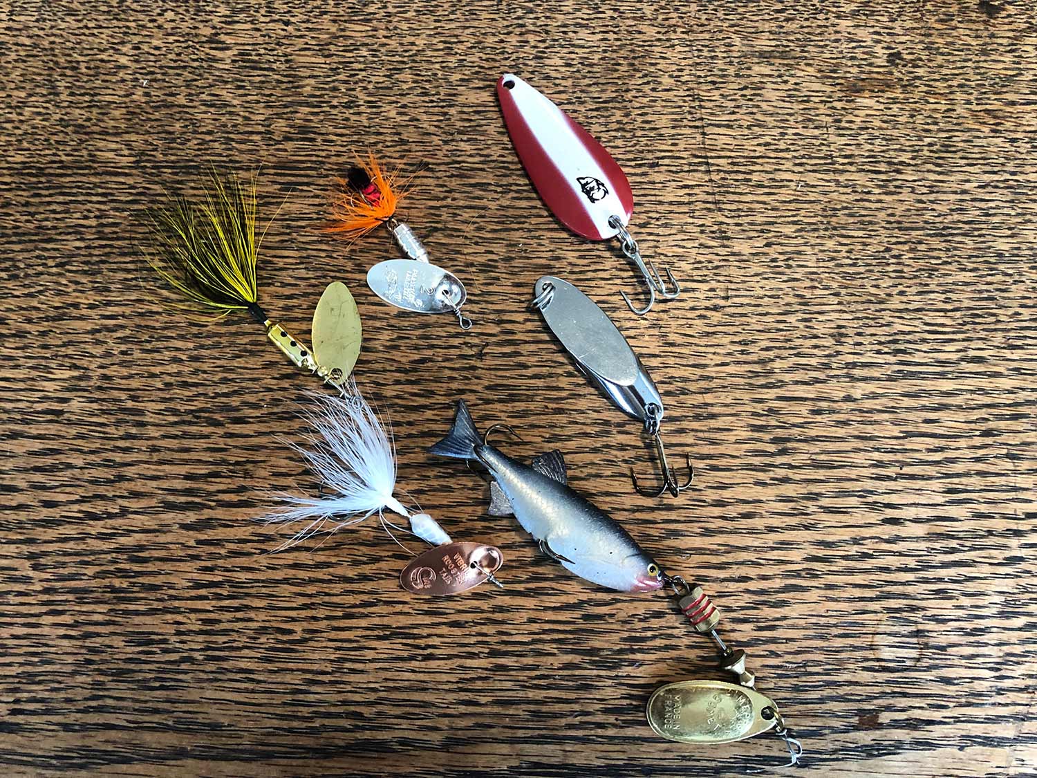 An assortment of trout spinners and spoons.