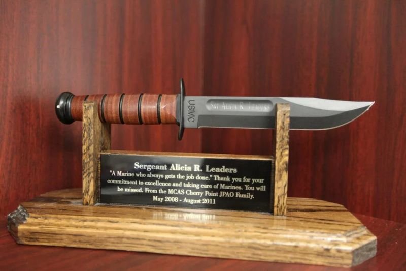 KA-BAR fighting knives are part of the history and legacy of the United States Marine Corps. KA-BARs are routinely awarded for retirements and going away gifts from fellow Marines. These knives are proudly displayed at Marines’ work spaces.